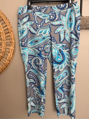 Aryeh Blue , White and Gray Paisley capri / cropped pants with all over stretch